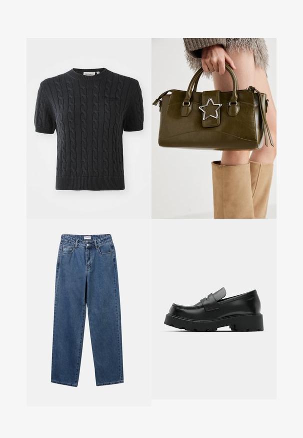 Schwarzer, kurzärmeliger Strickpullover mit einem Zopfmuster, geripptem Rundhalsausschnitt und einem dezenten, auf der Brust gestickten Markenlogo.; Klassische blaue Denim-Jeans mit geradem Bein, fünf Taschen und Knopfverschluss. Sie verfügen über eine mittelblau gewaschene Optik und sind aus robuster Textur.; Schwarze Leder-Loafers mit einer chunky strukturierten Sohle, ausgestattet mit einem Riemen über dem Spann und einer glatten, polierten Oberfläche.; Olivgrünes Kunstlederhandtasche mit silbernem Sternakzent, doppelten Griffen und einem Reißverschluss. Strukturierten Form und texturierten Oberfläche.