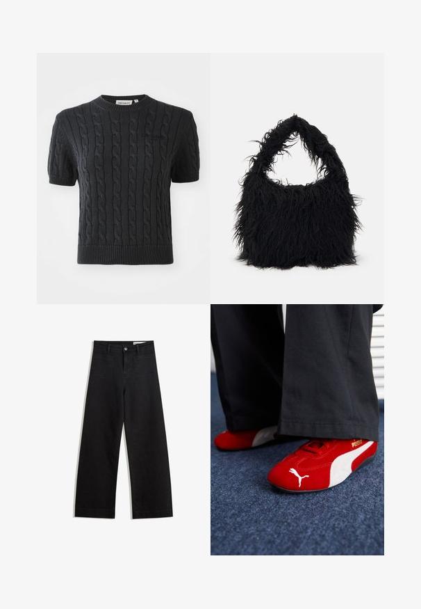 Zwart gebreid trui met korte mouwen, voorzien van een kabelpatroon, geribbelde ronde hals en een subtiel merkembleem geborduurd op de borst.; Zwarte denim broek met wijde pijpen en een hoge taille, voorzien van voor- en achterzakken, gestikte naden en een knoopsluiting. Gladde textuur.; Rode suède sneakers met witte accenten, met een textuurmateriaal, ronde neus en een gouden logo aan de zijkant, gedragen met zwarte broek.; Even&Odd Shopper - black