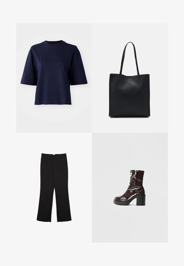 Tamno plava pamučna majica s okruglim izrezom, kratkim rukavima i opuštenim krojem. Ima jednobojnu površinu bez uzoraka i ukrasa.; Crne hlače ravnog kroja, s prednjim džepovima i bočnim prorezima na rubu. Izrađene od mekog i glatkog materijala. Pogodne za razne prigode.; Sjajna burgundska čizma do gležnja s debelim crnim potplatom, koja se odlikuje glatkom teksturom i jednostavnim dizajnom. Nema vidljivih kopčanja ili uzoraka.; Crna kožna torba za nošenje s glatkom teksturom, pravokutnim oblikom i dvije duge ručke. Nema vidljivih metalnih dijelova ili ukrasa.
