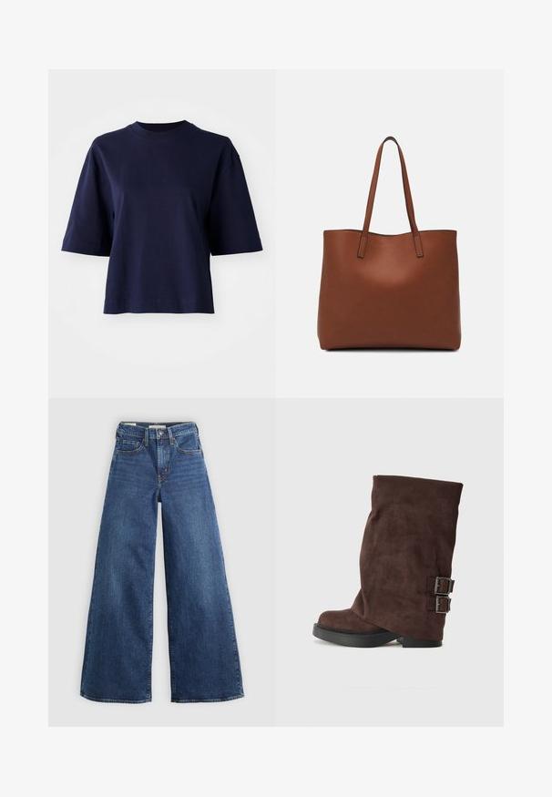 Granatowa bawełniana koszulka z okrągłym dekoltem, krótkimi rękawami i luźnym krojem. Posiada jednolity kolor bez wzorów czy ozdób.; Szerokie niebieskie dżinsy z pięcioma kieszeniami, zapięciem na guzik i kontrastowym przeszyciem, charakteryzujące się miękkim i teksturowanym wykończeniem.; Brązowy zamszowy botek sięgający kostki o luźnym fasonie, z dwoma srebrnymi klamrami po boku i płaską czarną gumową podeszwą.; Brązowa skórzana torba tote o gładkiej fakturze, z otwartym wierzchem i dwoma ramiączkami. Charakteryzuje się minimalnym przeszyciem i brakiem widocznych elementów metalowych.