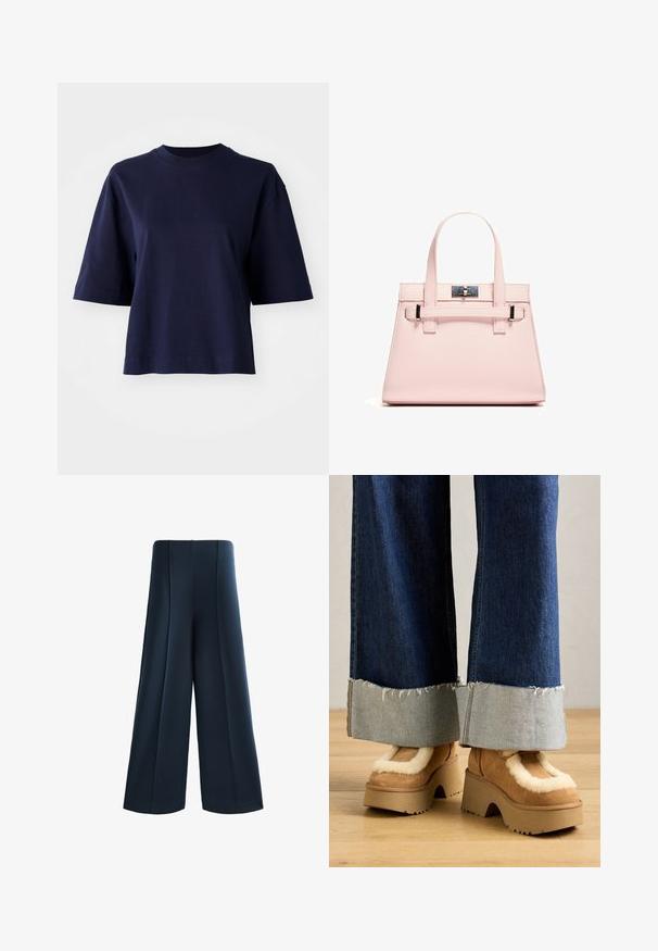 Tricou din bumbac de culoare albastru marin, cu decolteu rotund, mâneci scurte și o croială lejere. Prezintă o culoare uniformă, fără modele sau embellishments.; Pantaloni cu picioare ample, din material de culoare albastru închis. Prezintă un talie înaltă, pliuri frontale și o textură netedă. Fără buzunare vizibile sau accesorii metalice.; Botine din suede maro cu căptușeală de blană crem, asortate cu pantaloni din denim largi, cu margini desfăcute și o manșetă din denim mai deschis.; Geantă structurată roz, confecționată din piele texturată, cu două mânere superioare, închidere cu clip și accente metalice contrastante.