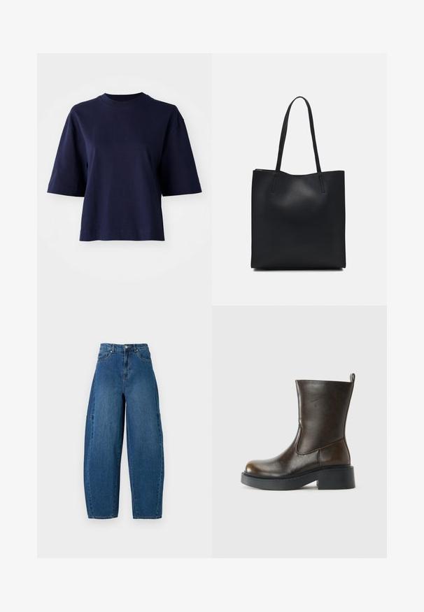 Tamsiai mėlynas medvilnės marškinėliai su apvalia iškirpte, trumpomis rankovėmis ir laisvu siluetu. Yra vientisos spalvos, be raštų ar papuošimų.; Deniminės džinsai vidutinio mėlynumo atspalviu, su aukštu liemeniu, plačiais kojų kirpimais ir standartiniu penkių kišenių dizainu, pasižyminčiu matomais siuvimo detalėmis.; Tamsiai ruda odinė per čiurną boot'ų su apvaliu pirštu, storesne juoda podega, žemu blokiniu kulnu ir traukimo kilpa gale.; Juodas odinis tote krepšys su lygia tekstūra, stačiakampio formos ir dviem ilgais rankenomis. Matomų metalinių detalių ar puošybos nėra.