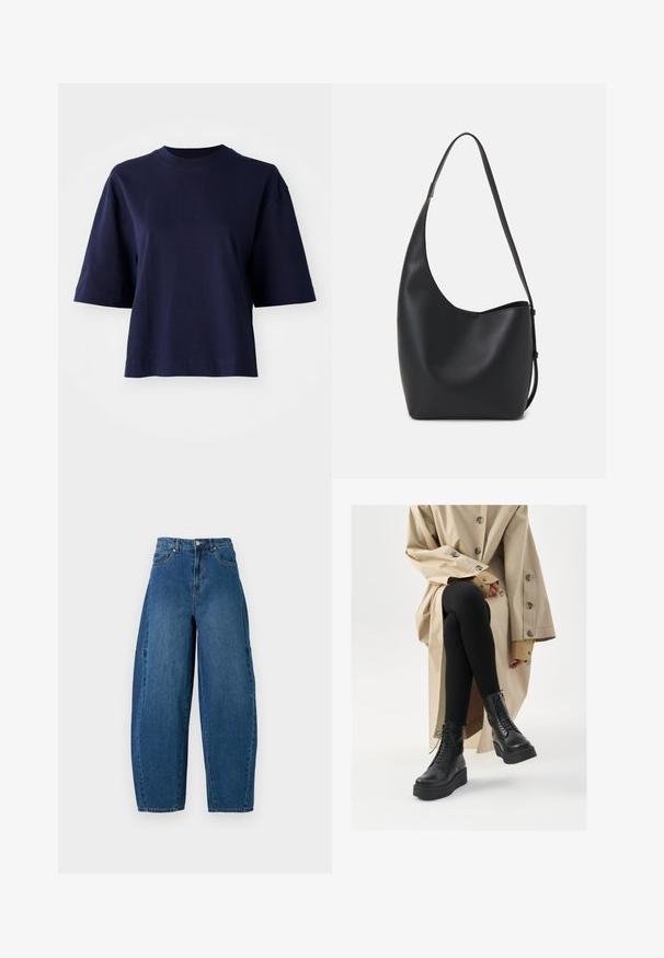 Marineblå bomull T-skjorte med rund hals, korte ermer og en avslappet passform. Har en ensfarget design uten mønstre eller dekorasjoner.; Denimjeans i en middels blå vask, med høy midje, vide ben og standard fem-roms design med synlige sømdetaljer.; Sorte skinn ankelsko med snøring, hevet platåsåle og teksturerte svarte leggings, båret med en lys beige trenchcoat.; Svart lær hobo-veske med glatt tekstur, buet form og enkelt justerbart stropp; har en bred åpning på toppen.