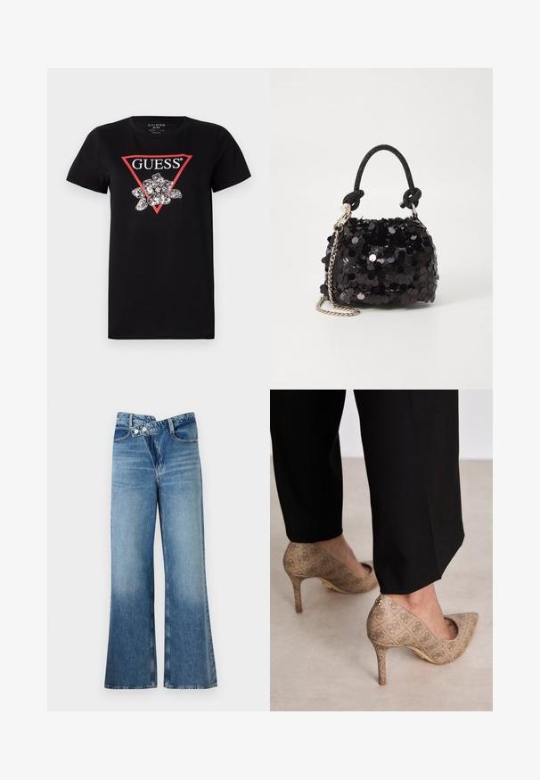 Must musta T-särk mustas, millel on punane kolmnurkne logo sõnaga "GUESS" ja lillekujundus hõbedaste aktsentidega.; Heledad sinise denimi laienevad teksad kõrge vöökohaga, millel on kaks nööpi ja eesnahk. Kangas on tuhm tekstuuriga, kus on kergeid varieeruvaid toone.; Beige kõrged kontsad, mis on valmistatud tekstureeritud kangast, millel on korduv muster. Terava nina disain tagakülje aktsendi ja kuldse kontsiga.; Must have mustrõngus mustal sädelev mini käekotil on sõlme tekstuuriga rihm ja hõbedane ketis. Ümar kuju, kokku kogutud ülaosa ja peegeldav detail.