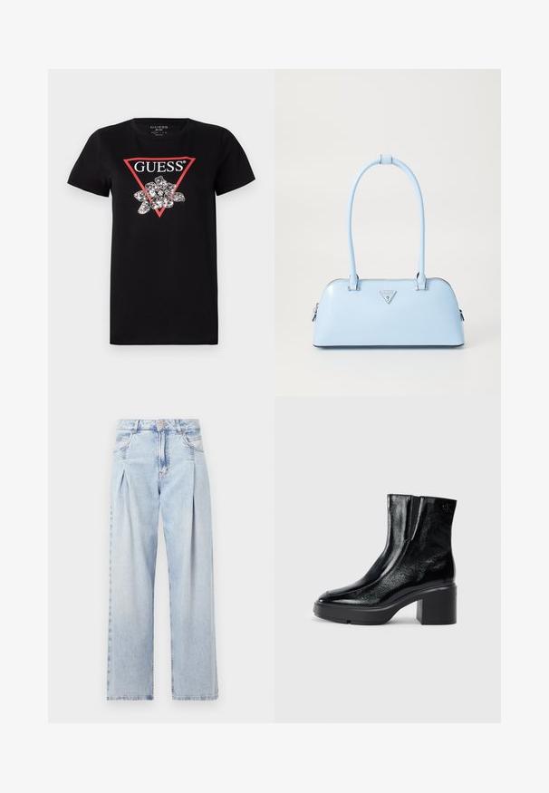 Black cotton T-shirt featuring a red triangle logo with the word "GUESS" and a flower design embellished with silver accents.; Light blue denim jeans with a high waist, wide-leg cut, two side pockets, and pleated design feature. Soft texture with a faded finish.; Black patent leather ankle boots with a curved toe, elastic side panels, and a chunky block heel. Features embossed logo on the back.; Light blue handbag with a structured shape, smooth leather material, two handles, and a triangular brand logo on the front. Zippered closure.