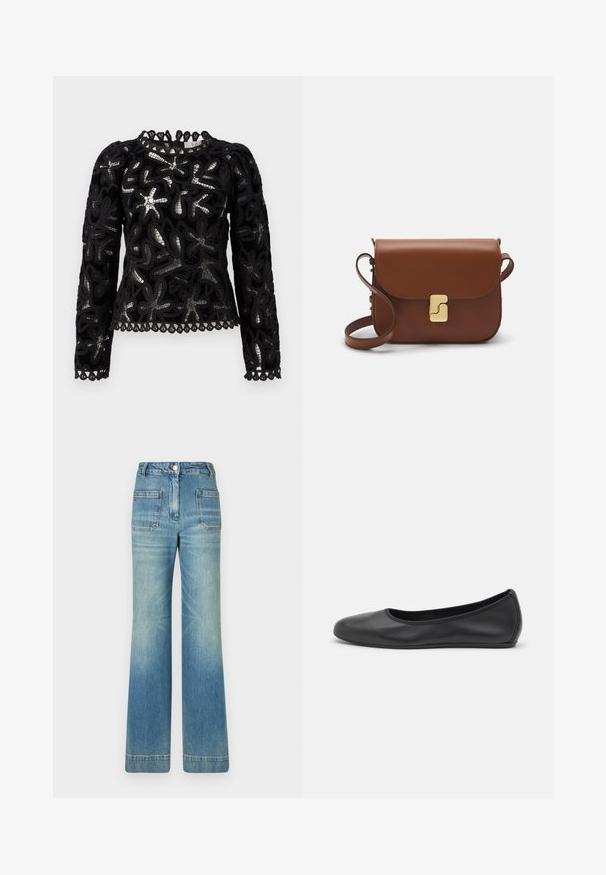 Top din dantelă neagră cu mâneci lungi, având modele florale texturate și un tiv ondulat. Gât rotund cu margine detaliată.; Jeans din denim albastru deschis, cu talie evazată, cinci buzunare, bucle pentru curea, închidere cu nasture și o textură ușor decolorată, având un detaliu cu logo roșu pe spate.; Balerini din piele neagră, cu vârf rotund, textură netedă, detalii de cusătură minimale și un design al tălpii flexibil.; Geantă de piele maro cu închidere tip capac, accesorii de culoare aurie, curea de umăr și o textură netedă. Formă compactă și rectangulară.