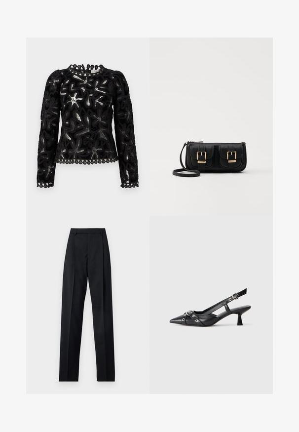 Juodas nėrinių marškinėliai su ilgomis rankovėmis, su tekstūruotais gėlių raštais ir banguotu apačiu. Apvalus iškirpimas su išsiskiriančia ornamentika.; Juodos kelnės iš lygaus audinio, pasižyminčios aukštu liemeniu, plačiomis kojomis, priekinėmis klostėmis ir klasikiais diržo kilpomis. Šoninių kišenių nematyti.; Juodas odinis slingback tipo batai su smailiu priekiniu atvartu, dekoratyvinėmis sagtimis su metaliniais akyčiais ir žemu blokiniu kulnu. Saldus paviršius.; Juodas odinis per petį nešiojamas krepšys su dviem priekiniais kišenėmis, auksiniais sagtimis, užtrauktuko uždarymu ir siauromis petnešomis. Textūruota paviršius ir kompaktiškas stačiakampis formatas.