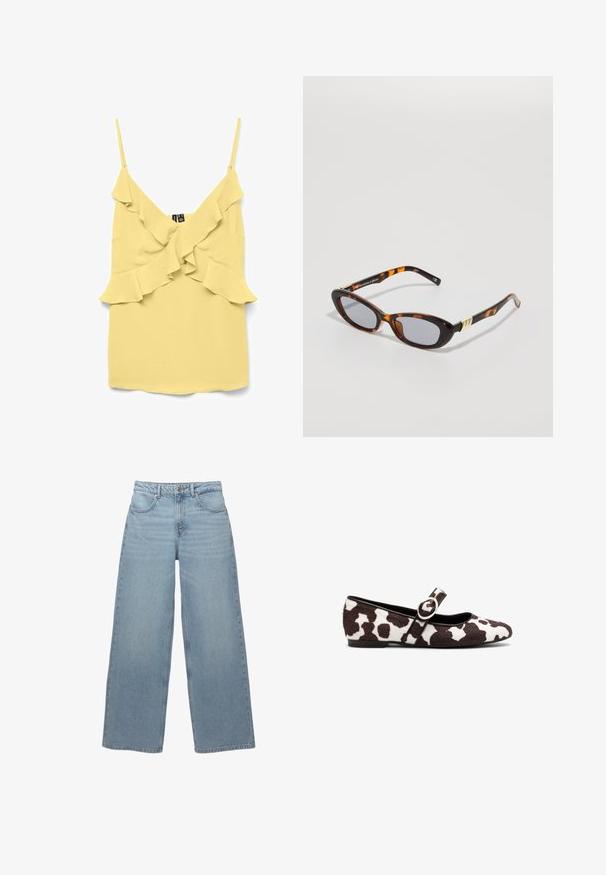 Żółta, bezrękawnikowa bluzka z falbaniastymi detalami z przodu i na dolnym brzegu. Wykonana z lekkiego materiału o gładkiej teksturze.; Jasnoniebieskie dżinsy o szerokich nogawkach wykonane z denimu bawełnianego, z pięcioma kieszeniami, zapięciem na guzik z przodu oraz minimalnym przetarciem na krawędzi.; Baleriny w białym i brązowym futrze w wzór krowi, z okrągłym noskiem i paskiem z okrąłą klamrą. Płaska podeszwa.; Okulary przeciwsłoneczne w kolorze tortoiseshell z elegancką owalną oprawką, szarymi szkłami i złotymi akcentami na skroniach, które wyróżniają się odważnym designem i błyszczącym wykończeniem.