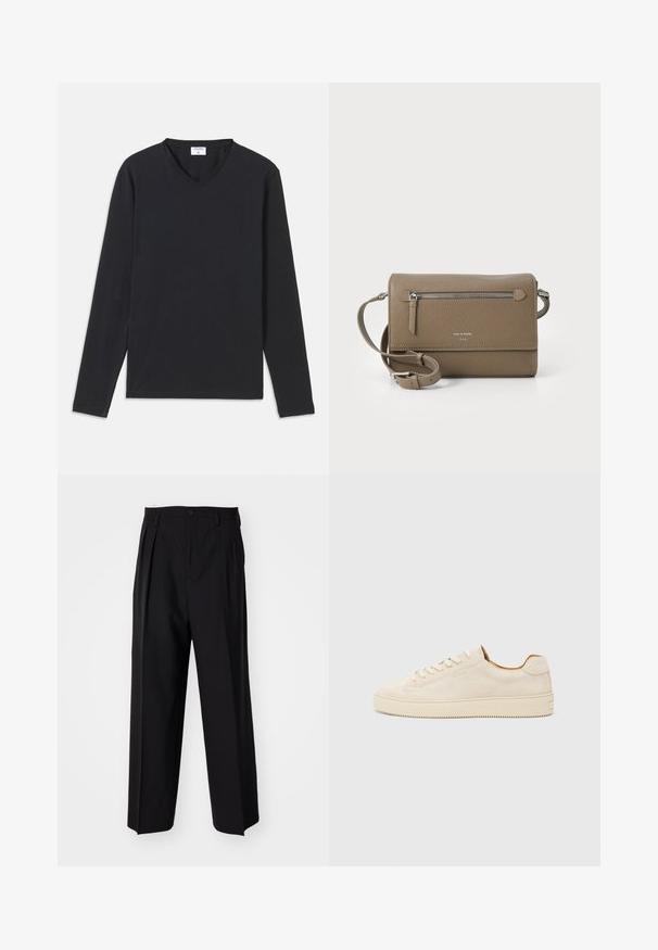 Camisola preta de manga longa com decote em V, feita de tecido suave, com corte reto e sem padrões ou detalhes visíveis.; Calças pretas plissadas com um design reto e de perna larga. Feitas de um tecido liso, apresentam um fecho de botão e passantes para cinto.; Sapatilhas de camurça bege com um design de cano baixo, bico redondo, atacadores planos e uma sola de borracha texturizada. Estilo minimalista sem logótipos visíveis.; Bolsa crossbody em couro taupe com um bolso frontal com fecho, alça ajustável, textura de pedra e logótipo em relevo na parte da frente.