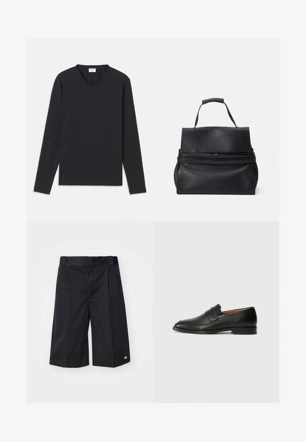 Zwarte longsleeve T-shirt met een V-hals ontwerp, gemaakt van zachte stof, met een rechte snit en zonder zichtbare patronen of accenten.; Zwarte shorts met een getailleerd ontwerp, voorzien van platte plooien aan de voorkant, een standaard tailleband en zijzakken. Gemaakt van stevige stof.; Zwarte leren instapper met een ronde neus, subtiele stikdetails en een lage hak, met een gladde textuur en een minimalistisch ontwerp.; Zwarte leren handtas met een gestructureerd ontwerp, voorzien van een bovenhandgreep, ritsluiting en een gladde textuur. Eenvoudig logo-accent aan de voorkant.