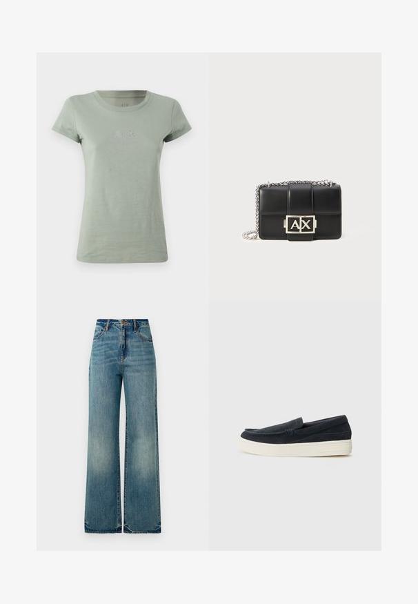 Svetlozelené bavlnené tričko s krátkymi rukávmi, okrúhlym výstrihom a malým logom A|X zdobeným lesklými akcentmi na hrudi.; Svetlomodré dámske džínsy širokého strihu majú vysoký pás, päť vreciek a mierne rozstrapkané konce, pričom predvádzajú textúrovaný, vyblednutý vzhľad.; Námornícke semišové nazúvacie topánky so zaoblenou špičkou, kontrastnou bielou gumovou podrážkou a minimálnym prešívaním pozdĺž švov.; Čierna kožená kabelka s prešívaným vzorom, strieborným reťazovým popruhom a výrazným strieborným logom "AX" na prednej strane. Kompaktný obdĺžnikový tvar.