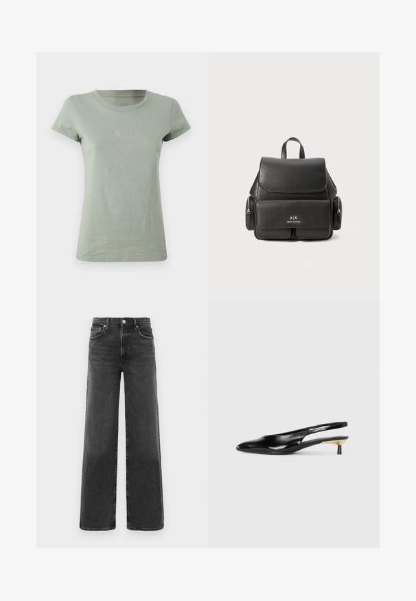 Šviesiai žalia medvilninė t-marškinė su trumpomis rankovėmis, apvaliu iškirpimu ir mažuoju A|X logotipu, puoštu blizgiais akcentais krūtinės srityje.; Juodos džinsinės kelnės su aukštu liemeniu, tiesiomis kojomis, priekyje su sagtele ir užtrauktuku, dviem priekinėmis kišenėmis ir dviem galinėmis kišenėmis.; Juodos slingback aukštakulniai su pailgu pirštu, blizgi odinė apdaila ir mažas kulnas su auksiniu akcentu. Išmanus dizainas su atviru nugara.; Juodas odinis kuprinė su uždengimu, priekinė kišenė, šoninės užtrauktukų kišenės ir viršutinė rankena. Priekyje yra logotipo detalizavimas.