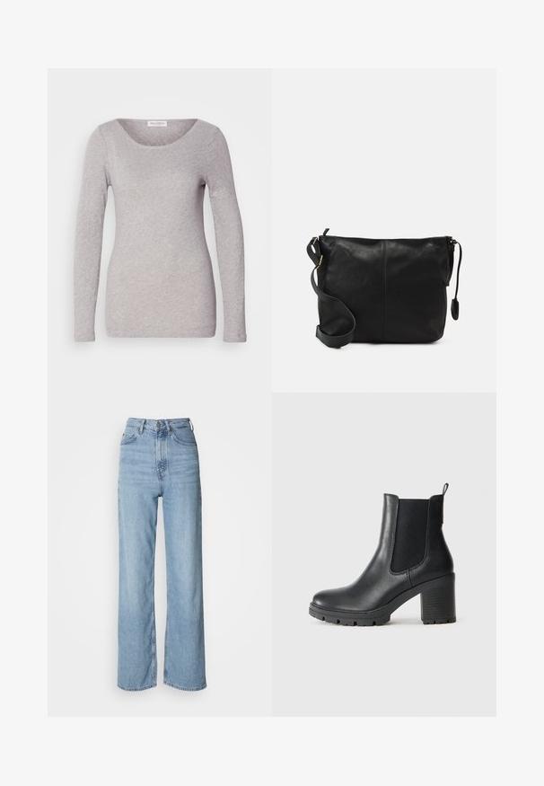 Szürke, hosszú ujjú póló, puha, rugalmas anyagból, széles, kerek nyakkivágással és testhez álló szabással. Nincsenek látható minták vagy díszítések.; Világoskék, magas derekú, egyenes szárú farmernadrág, elülső gombos záródással és finom kopásmintázattal.; Fekete bőr bokacsizma, elasztikus oldalsó panelekkel, masszív gumitalppal és magas tömbsarkú kivitelben. Hátul húzófüllel rendelkezik.; Fekete bőr keresztpántos táska lapos formával, arany fémrészekkel és állítható pánttal. Simább textúra minimális varrási részletekkel.