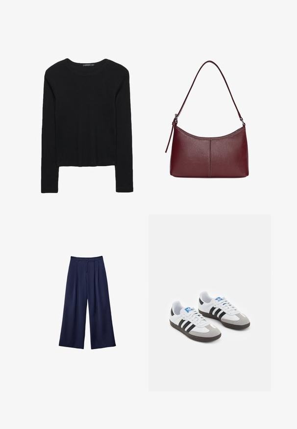 Schwarzes langärmliges Oberteil aus strukturiertem Stoff. Mit runder Halslinie und cropped Design mit schmalen Ärmeln. Keine sichtbaren Muster.; Marineblaue weite Hosen mit Falten, Knopfverschluss und Gürtelschlaufen, flach auf einem weißen Hintergrund präsentiert.; Sportschuhe mit einem Obermaterial aus weißem Leder, grauer Wildleder-Zehenkappe und drei schwarzen Streifen. Sie verfügen über ein blaues Logo auf der Zunge und eine strukturierte Gummisohle.; Bordeauxfarbene Ledertasche mit geschwungener Form, einem einzigen Schulterriemen und gesteppten Details in der Mitte. Glatte Textur, minimales Zubehör.