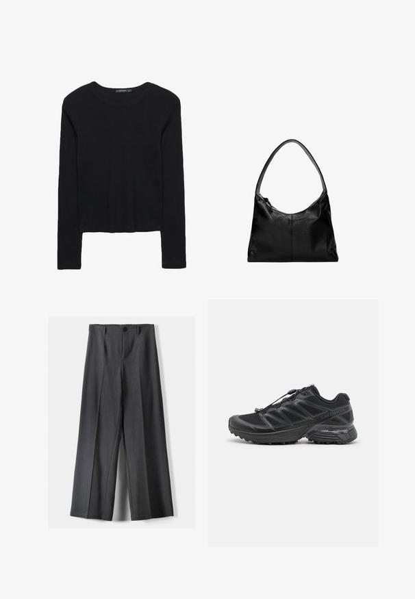 Sort langærmet bluse lavet af struktureret stof. Har en rund halsudskæring og et cropped design med tætsiddende ærmer. Ingen synlige mønstre.; Vidde-bukser i mørkegrå stof med knaplukning, frontfolder og bæltestropper. Glat tekstur med et skræddersyet design.; Sort løbesko med mesh og syntetisk overdel, fleksibel sål og elastiske snørebånd. Har en polstret mellemsål for komfort.; Sort læder skuldertaske med en glat overflade, en buet top og en enkelt rem. Har lynlåslukning og minimalistisk design.