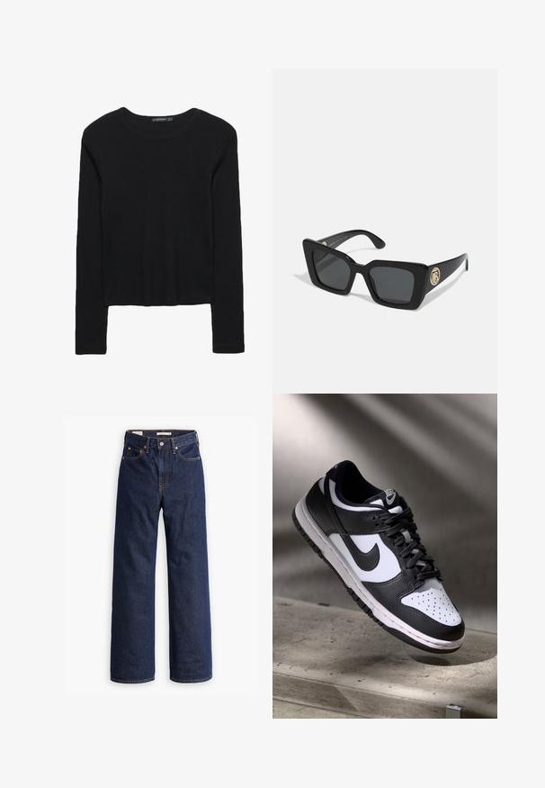 Zwarte langmouwtop van textuurstof. Heeft een ronde halslijn en een cropped ontwerp met aansluitende mouwen. Geen zichtbare patronen.; Donkerblauwe rechte spijkerbroek met vijf zakken, oranje stiksels en een knopen sluiting.; Zwart-witte Nike Dunk Low sneaker met een leren bovenwerk, geperforeerde neus, en zwarte veters, met een witte zool en logo-accenten.; Zwarte vierkante zonnebril met donkere lenzen en glanzende zwarte zijkanten. Bevat een gouden ronde hardwareaccent aan de zijkant. Over het geheel een gladde textuur.