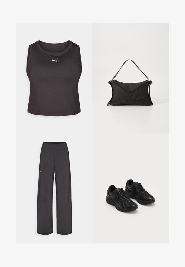 Fekete sportos ujjatlan felső sima, rugalmas anyagból, crew nyakkivágással. A fronton egy kis fehér Puma logó található.; Fekete sportnadrág széles derékpánttal, oldalsó zsebekkel és sík varratokkal. A bal lábon található egy kis logó. Sima, rugalmas anyagból készült.; Fekete sportcipők hálós és szintetikus anyagból. Jellemzője a párnázott talp, a texturált minták és a dombornyomott márkázás az oldalon.; Fekete kézitáska puha, textúrált anyagból. Hullámos designjával, egyetlen vállpántjával és finom logó részletével rendelkezik elöl.