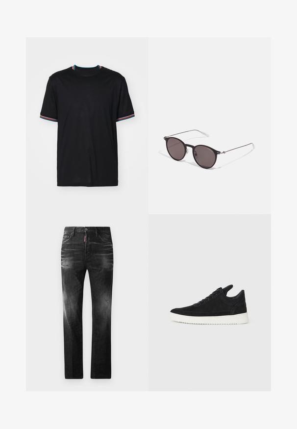 Mustuse mustrega lühikeste varrukatega T-särk ümmarguse kaelusega, millel on mitmevärvilised triibulised nööbid krael ja varrukatel. Pehme kangastekstuuri.; Mustad denim püksid otse lõikega. Omavad kulunud piirkondi, väikseid kahjustusi, klassikalist viit taskut ning nööpkinnitust.; Must mustel kingad valge kummist tallaga, millel on toon-toonis õmblused ja paeltega disain. Sile tekstuur ja moodne, voolujooneline kuju.; Mustad mustad prillid tumedate läätsedega ja õhukeste metallist käepidemetega. Kaarja kujuga seljaosa ja hõbedased aktsendid hingel. Minimalistlik disain.