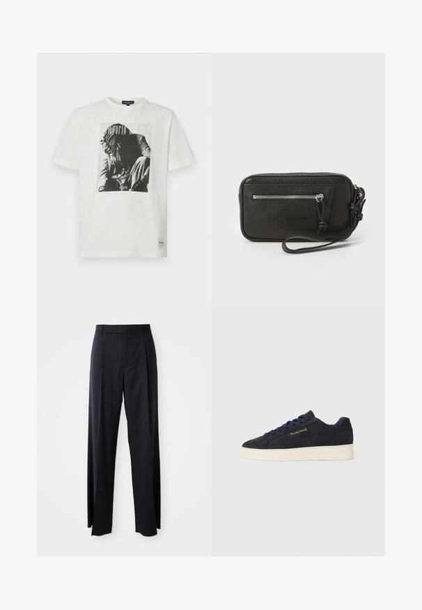 Bílé bavlněné tričko s potiskem na přední straně zobrazujícím černobílý obraz a nápis "Emporio Armani ICON" umístěný uprostřed nahoře.; Černé kalhoty s vysokým pasem a širokým střihem, vyrobené z hladké látky. Mají přední sklady a poutka na opasek. Minimalistický design, bez viditelného kovového hardwaru.; Námornická modrá semišová nízká obuv s bílou podrážkou, námořnickými tkaničkami a zlatým logem "Filling Pieces" na boku.; Černá kožená kabelka s texturovaným povrchem, přední kapsou na zip a odnímatelným zápěstním poutkem. Na přední straně se nachází logo. Obdélníkový tvar.