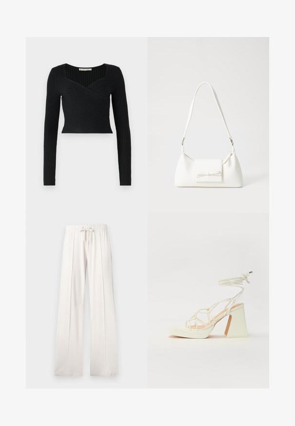 Čierny krátky top s dlhými rukávmi, s rebrovanou textúrou a krížovým dizajnom vpredu. Hladká tkanina, minimalistický štýl.; Svetlobéžové tepláky z mäkkej tkaniny s nastaviteľným pásom, širokými nohavicami a vertikálnymi švami, s hladkým povrchom.; Biele sandále na vysokom opätku s hrubým podpätkom, s pruhovaným dizajnom a viazaním na členku. Hladký povrch s platformou vpredu pre zvýšenú výšku.; Biela syntetická kabelka s trojuholníkovým tvarom, plochým predným klapkou a detailom mašle, nastaviteľným popruhom, hladkou textúrou a minimalistickým dizajnom.