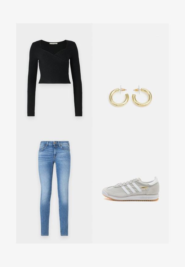 Black cropped top with long sleeves, featuring ribbed texture and a cross-over design at the front. Smooth fabric, minimalistic style.; Slim-fit light blue denim jeans with mid-rise waist, front button, and five-pocket design.; Light grey sneaker made of suede and mesh, featuring three white stripes, round toe, and a gum rubber sole. Gold logo accent near laces.; Gold hoop earrings with a smooth, shiny finish. Circular design featuring a small post and clear backing for secure wear.