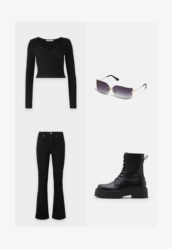 Schwarzes Cropped Top mit langen Ärmeln, ausgestattet mit gerippter Textur und einem überkreuzten Design an der Vorderseite. Glatte Stoffqualität, minimalistischer Stil.; Schwarze Schlagjeans aus Denim, mit einem mittelhohen Bund, Fronttaschen und Knopfverschluss. Glatte Textur mit minimalen Nähten.; Schwarze Lederstiefeletten mit runder Zehenpartie, Schnürung vorne und einer dicken Gummisohle mit strukturiertem Profil. Mit Zugschlaufe an der Rückseite.; Sonnenbrille mit grauem Verlaufslinse, goldfarbigem Metallrahmen und schwarzen Kunststoffakzenten. Einzigartige, schmetterlingsförmige Gläser mit dünnen Bügeln.