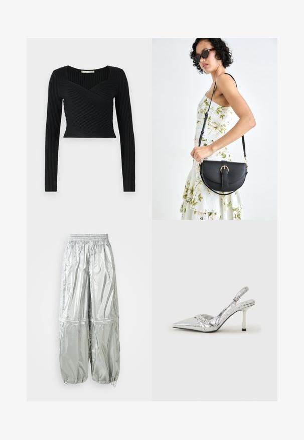 Top corto nero con maniche lunghe, caratterizzato da una texture a coste e un design incrociato sul davanti. Tessuto liscio, stile minimalista.; Pantaloni cargo leggeri argento con texture lucida, vita elastica, polsini arricciati e due grandi tasche anteriori.; Scarpe con tacco alto slingback argento con punta affusolata, finitura metallica, due cinturini decorativi e un tacco sottile con punta nera.; Borsa a tracolla nera in pelle con una forma curva, manico rimovibile e accessori dorati. La borsa presenta una patta con un dettaglio a fibbia.