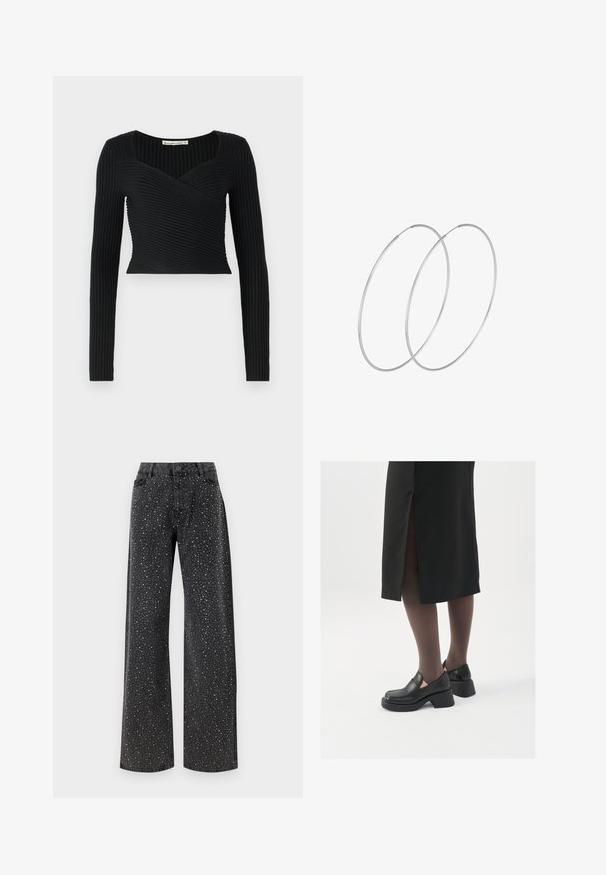 Zwart cropped top met lange mouwen, voorzien van ribbelstructuur en een kruisontwerp aan de voorkant. Glad materiaal, minimalistische stijl.; Noisy May NMJANNEL LOOSE - Relaxed fit jeans - black denim; Zwarte leren schoenen met een ronde neus, dikke blokhak en elastische zijkanten, gecombineerd met donkere panty's en een zwarte rok met een split.; Zilveren hoepel oorbellen met een minimalistisch ontwerp. Cirkelvormig, gladde textuur en dun profiel. Lichtgewicht met een gepolijste afwerking.