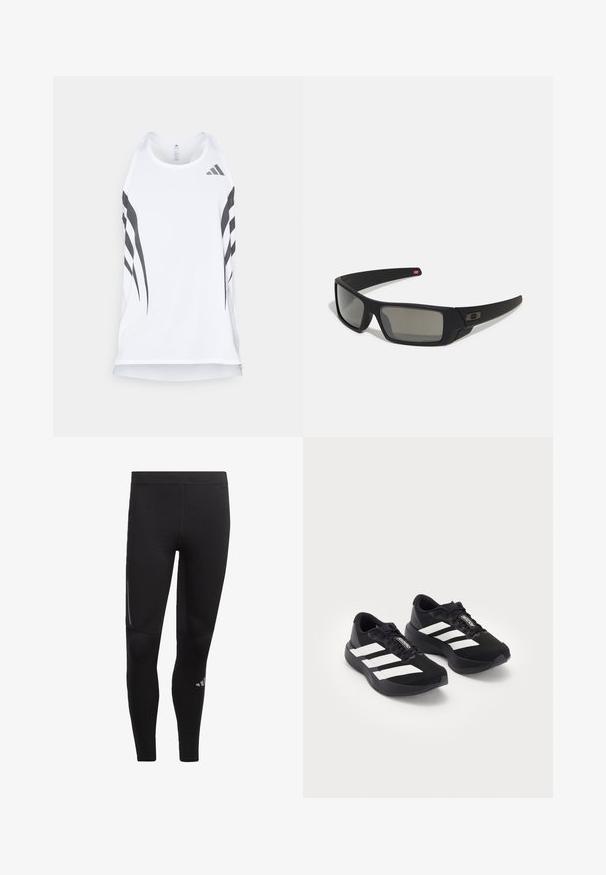Hvid atletisk tanktop med mesh tekstur, der har sorte diagonale striber og et Adidas-logo nær halsudskæringen. Racerback-design.; Sorte atletiske leggings lavet af strækbart materiale, med høj talje, reflekterende detaljer og et logo nær anklen. Glat tekstur.; Et par sorte Adidas Adizero løbesko med hvide striber og snørebånd på hvid baggrund, placeret side om side.; Sorte solbriller med mat finish, rektangulære linser, let kurve ved templerne, diskret logo detaljer og røgfarvede linser.