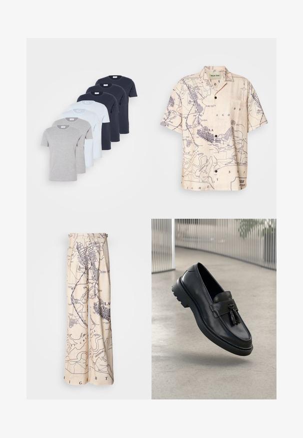 Hat szürke, világoskék és tengerészkék színű, rövid ujjú pamut pólók. Mindegyik kerek nyakú és normál szabású.; Rövid ujjú ing világos bézs anyagból, tengerészkék térképmintával, klasszikus gallérral és elülső zsebbel.; Bőszárú nadrág, tengerészkék térképmintával egy bézs háttéren, redőzött részletekkel a derékrészen és lazább szabással.; Fekete bőrből készült mokaszinok sima felülettel, díszes bojttal, vastag gumitalppal és varrott részletekkel. Könnyű és elegáns kialakítás.
