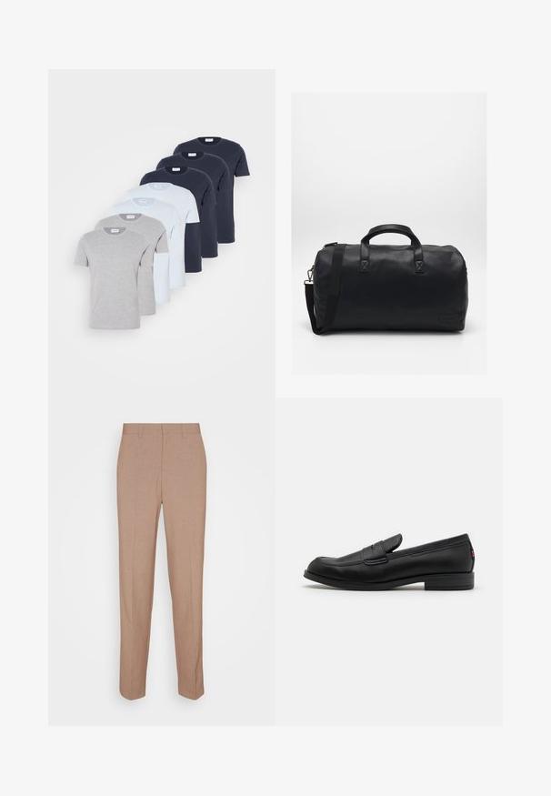 Šest triček s krátkým rukávem v šedé, světle modré a námořnické barvě, vyrobených z bavlny. Každé má kulatý výstřih a standardní střih.; Béžové kalhoty na míru z hladké, texturované látky. Rovný střih s pasem a bez viditelných ozdob nebo kapes.; Černé kožené mokasíny s hladkým povrchem, kulatou špičkou a malým dekorativním klopou. Mají nízký stočený podpatek a decentní branding.; Černá sportovní taška vyrobená z texturovaného syntetického materiálu. Má dvě ucha a nastavitelné ramenní poutko. Jednoduchý design bez viditelných vzorů.