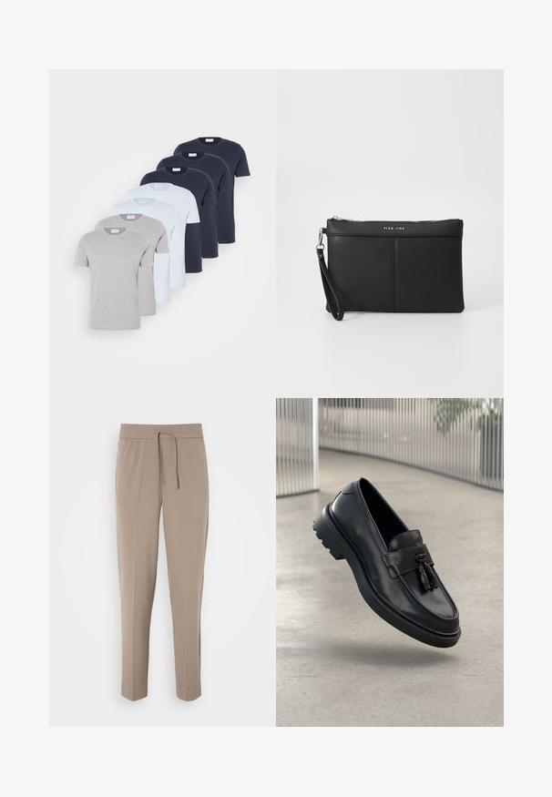 Seši īsu piedurkņu T-krekli pelēkā, gaiši zilā un tumši zilā krāsā, izgatavoti no kokvilnas. Katram ir apaļa kakla izgriezuma forma un regulāra piegriezuma siluets.; Gaiši pelēkas bikses ar elastīgu jostasvietu, regulējamu auklu un sašaurinātām kājām. Audums izskatās gluds ar vieglu spīdumu.; Melnas ādas loaferi ar gludu apdari, dekoratīvu bārkstīm, biezu gumijas zolīti un izšūtām detaļām. Viegls un elegants dizains.; Melna sintētiska rokassoma ar rāvējslēdzēja aizdari, roku siksnu un gludu tekstūru. Iezīmējas ar smalku šūšanu un logo iespiestu priekšpusē.