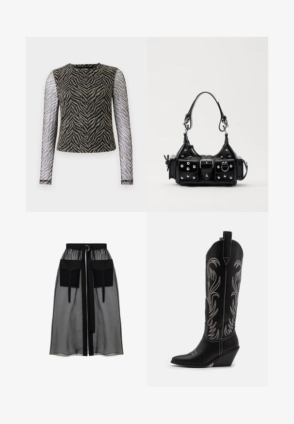 Ilgų rankovių marškinėliai su juodu ir kreminiu zebro raštu ant kūno, semi-permatomomis tinklinėmis rankovėmis ir apvaliu iškirpimu.; Juoda permatoma sijonas su surinkta liemene, dviem didelėm priekinėm kišenėm, liemens raišteliu ir apvaliu metaliniu akcentu.; Juodi oda kaubojiški batai su smailiu nosiu, stulpeliu ir sidabriniais siuvinėti gėlių raštais palei šoną. Kontrastingas siuvinėjimas visoje bato dalyje.; Juodas odinis rankinukas su kreiviu dizainu, su sidabro spalvos knopkėmis, užsegimu ir dviem šoninėmis kišenėmis. Reguliuojama dirželis nešimui.
