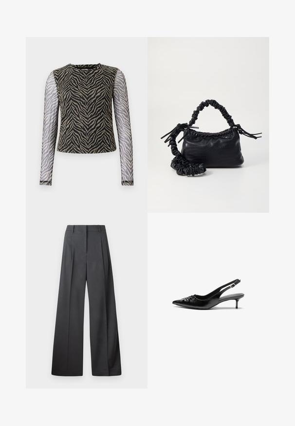 Pikendatud varrukatega top, millel on kehaosale must ja beež zebra muster, poolläbipaistev võrkkangas varrukad ja ümmargune kaelus.; Tumesed püksid tumesinises kangas, kõrge vöökoht, üks voldik ning sile struktuur puhaste ääristega.; Musthave nahkased kõrged kontsad, millel on terav varvas, väike kitten-kont ja dekoratiivne sõlm ees. Ühtlane sile tekstuur.; Must must sünteetilisest nahast käekott, millel on krokodillimuster, kokku tõmmatav ülaosa ja kortsus rihm. Tundub pehme ja kompaktne disain.