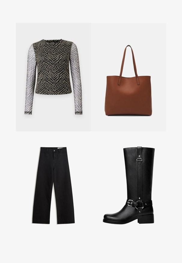Dolga majica z črno-bež zebrovim vzorcem na telesu, polprozornimi mrežastimi rokavi in okroglim ovratnikom.; Črne široke denim hlače z visokim pasom, ki imajo sprednje in zadnje žepe, šivane šive ter gumbasto zapiranje. Gladka tekstura.; Visoke črne škornje iz umetnega usnja z zaobljenim nosom, poudarjenim detajlom pasovine in debelim peto. Gladka tekstura in vertikalni šiv na šktrbici.; Rjava usnjena torba z gladko teksturo, odprto zasnovo zgoraj in dvema naramnima trakovoma. Opremljena je z minimalnim šivanjem in brez vidnih kovinskih delov.