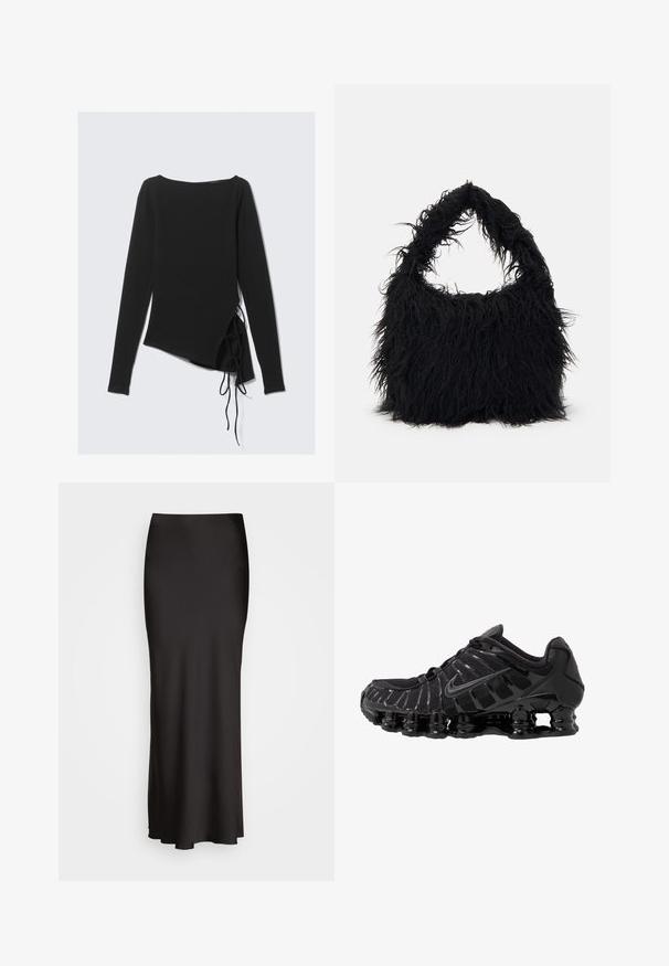 Črna dolga majica z dolgimi rokavi in čolnastim izrezom, asimetrične zasnove in bočnimi vezalkami za prilagodljivost. Mehka, elastična tkanina z gladko teksturo.; Črna, dolga satenska krila z gladko teksturo, prilegajoč pas in A-linijo, brez vidnih okraskov ali vzorcev.; Črne atletske čevlje z mrežasto zgornjico in sijočimi detajli. Imajo ukrivljeno podložitev iz vzmeti in teksturirane linije na strani. Logotip Nike je viden.; Even&Odd Torba za nakupovanje - black