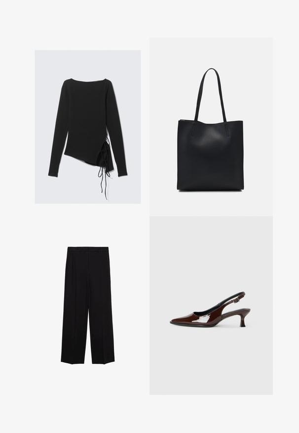 Zwarte top met lange mouwen en een bateauhals, asymmetrisch ontwerp en zijstrikjes voor een verstelbare pasvorm. Zachte, rekbare stof met een gladde textuur.; Zwarte wijde broek van een gladde stof, met plooien aan de voorkant en zijzakken, ontworpen met een rechte, relaxte snit.; Bruine gepatineerde leren slingback-schoen met een spitse neus en een gematigd hakje. Voorzien van een gespsluiting voor een veilige pasvorm. Glad van textuur.; Zwarte leren handtas met een gladde textuur, rechthoekige vorm en twee lange handvaten. Geen zichtbare hardware of versieringen.