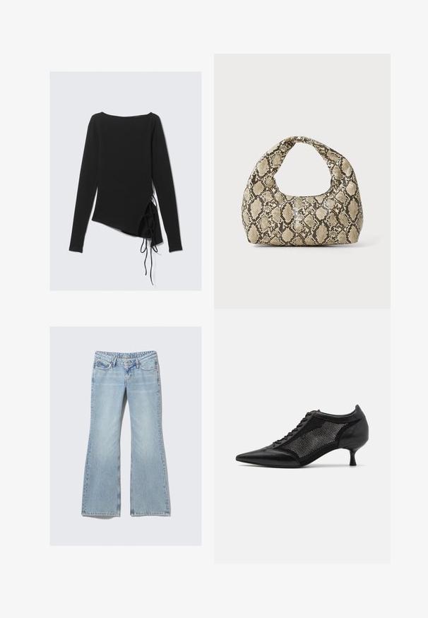 Černý dlouhý rukáv top s lodním výstřihem, asymetrickým designem a bočními vázáním pro přizpůsobení. Měkká, pružná tkanina s hladkým povrchem.; Weekday NOVA - Džíny Slim Fit - lip blue; Černá špičatá obuv s designem síťové panelů, s nízkým podpatkem a šněrováním v přední části. Vyrobeno z kombinace kůže a síťového materiálu.; Kabelka s hadím vzorem a zakřiveným držadlem. Vyrobena z texturovaných béžových a hnědých materiálů, s charakteristickým diamantovým vzorem.