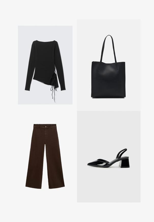 Sort langærmet bluse med bådhals, asymmetrisk design og sideløkker for justerbar pasform. Blødt, strækbart stof med en glat tekstur.; Brune viddebukser i en bomuldsblanding, med en frynset kant, frontknaplukning og klassisk fem-lomme design. Minimalistiske og alsidige.; Sorte patentlæder slingback hæle med spids tå og en geometrisk blok hæl. Har et elegant, minimalistisk design og en glat tekstur.; Sort læder tote taske med glat tekstur, rektangulær form og to lange hanke. Ingen synlig hardware eller udsmykninger.
