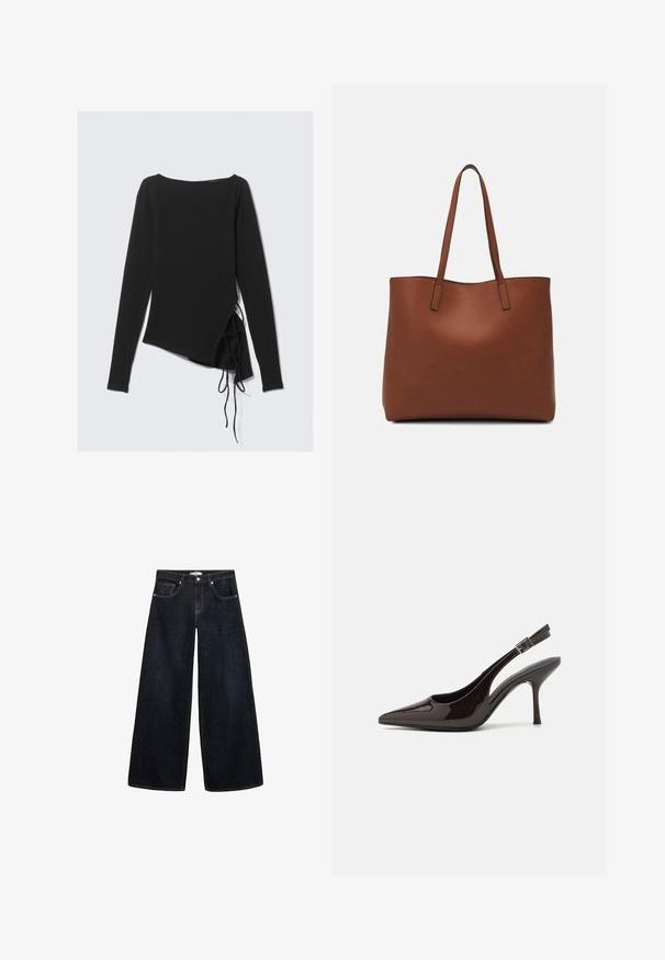Schwarzes Langarm-Oberteil mit schmalem Ausschnitt, asymmetrischem Design und seitlichen Bindebändern für eine verstellbare Passform. Weicher, elastischer Stoff mit glatter Textur.; Weite, dunkelblaue Jeans mit hoch sitzendem Bund, kontrastierenden Nähten, Vorderentaschen und einem minimalistischen Design.; Slingback-Pumps aus glänzendem dunklen braunen Lackleder, mit spitzer Zehenpartie, offenen Seiten und verstellbarem Knöchelriemen.; Braune Leder-Tote mit glatter Textur, offenem Oberteil und zwei Schulterriemen. Verfügt über minimale Nähte und keine sichtbaren Beschläge.