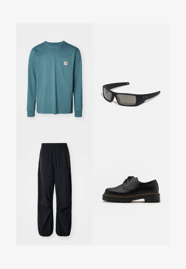 Majica s dolgimi rokavi v teal barvi, izdelana iz bombaža. Ima krojen ovratnik, ravno obrobo ter žep na prsih z logotipom.; Črne lahke cargo hlače z elastičnim pasom, stranskimi zadrgami in prostornimi žepi. Imajo ohlapno prileganje in zožene manšete.; Črne usnjene čevlje z vezalkami in zaobljenim nosom, z gumijastim podplatom in rumenim šivom okoli osnove. Ravna zasnova in gladka površina.; Crne sončne naočale s mat površinom, pravokutne leće, blagi luk na sljepilima, diskretna oznaka i leće sa dimnim nijansama.