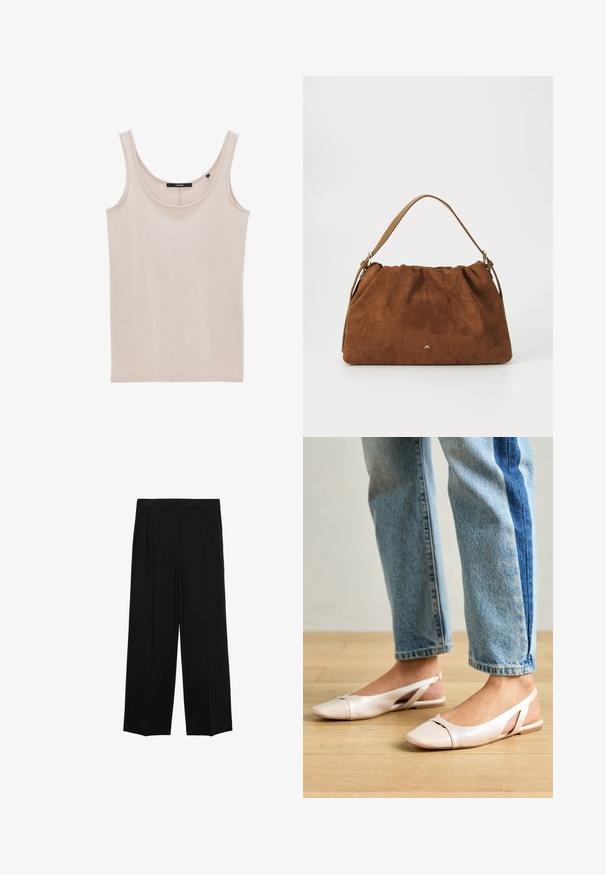 Beige ärmelloses Top aus weicher Baumwolle, mit dünnen Trägern und einem runden Ausschnitt, verfügt über eine glatte Textur und minimale Nähdetails.; Schwarze weit geschnittene Hosen aus glattem Stoff, mit Falten an der Vorderseite und seitlichen Taschen, entworfen in einem geraden, lässigen Schnitt.; Blassrosa Slingback-Ballerinas mit spitzem Punkt, aus einem glatten, lederähnlichen Material. Mit Ausschnitten an den Seiten und einem flachen Absatz.; Braune Wildlederhandtasche mit einem gerafften Design, ausgestattet mit einem einzelnen hellbraunen Ledertragegurt und einem subtilen goldenen Logo-Detail auf der Vorderseite.
