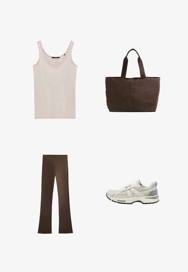 Beige ärmelloses Top aus weicher Baumwolle, mit dünnen Trägern und einem runden Ausschnitt, verfügt über eine glatte Textur und minimale Nähdetails.; Braune Schlaghosen mit hohem Bündchen und einem Kreuzdesign. Hergestellt aus einem glatten, elastischen Material für Komfort und Passform.; Beiger Sportschuh mit strukturiertem Mesh-Obermaterial und glatten Akzenten. Verfügt über eine gepolsterte Sohle, verstärkte Zehenpartie und schwarze Gummiaußensohle.; Braune Stofftragetasche mit zwei stabilen Griffen, rechteckiger Form, minimalen Nähten und glatter Textur.
