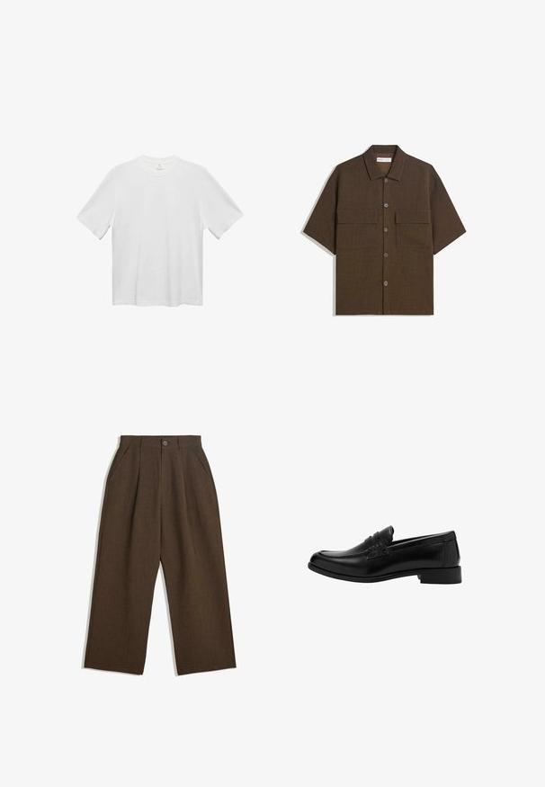 Tricou alb din bumbac, cu guler rotund, mâneci scurte și o croială lejeră. Textură netedă, fără modele sau accente. Design simplu, clasic.; Cămașă cu mâneci scurte, de culoare maro închis, fabricată dintr-un material texturat. Prezintă un sistem de închidere cu nasturi în față și două buzunare pe piept. Design casual, cu o croială lejeră.; Pantaloni plisati maro cu un design cu picioare largi, prevazuti cu inchidere cu nasture si buzunare laterale, realizati dintr-un material texturat, potriviti pentru purtarea casual.; Mocasin din piele neagră cu vârf rotunjit, detalii pliate în partea din față, accente texturate și toc mic, așezat pe un fundal simplu.