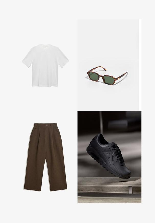 Vit bomullströja med rund halsringning, korta ärmar och en avslappnad passform. Slät textur, inga mönster eller detaljer. Enkel, klassisk design.; Kortärmad, mörkbrun skjorta gjord av texturerad tyg. Har en knapp-för-upp-front och två bröstfickor. Avslappnad design med en ledig passform.; Bruna veckade byxor med en vid bendesign, med knappstängning och sidofickor, tillverkade av textil med struktur som passar för avslappnad användning.; Svarta Nike Air Max sneakers med övre del av texturerat läder, gummisula och framträdande snörsystem, som visar en strömlinjeformad och modern design.; Sköldpaddsbeslag av solglasögon med gröna linser, vinklade i en oktagonal form och med smala, böjda skalmar. Materialet har en glansig yta.