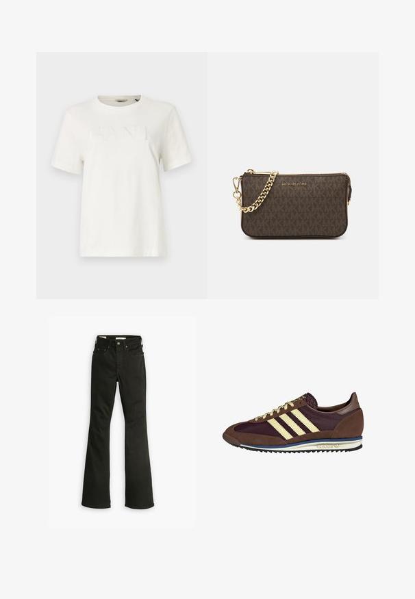 Biała koszulka z krótkim rękawem wykonana z bawełny, z teksturowanym logo "GANT" w nieco ciemniejszym odcieniu bieli, z okrągłym dekoltem.; Czarne dżinsy w fasonie dzwonów, wykonane z denimu. Posiadają klasyczny pięciokomorowy krój, zamek błyskawiczny, solidne szwy i czyste wykończenie dołu.; Brązowe i burgundowe sneakersy wykonane z zamszu i siateczkowych materiałów, z trzema kremowymi paskami, teksturowanym materiałem na języku i gumową podeszwą.; Brązowa skórzana torebka na ramię z wzorem logo, złotym łańcuszkiem na pasku, zapięciem na zamek błyskawiczny oraz złotymi akcentami. Kompaktowy i prostokątny kształt.