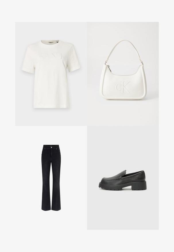 Weißes Kurzarm-T-Shirt aus Baumwolle mit einem strukturierten "GANT"-Logo in einem etwas dunkleren Weiß und einem Rundhalsausschnitt.; Schwarze Jeans aus Denim im Schlagstil mit hoher Taille, fünf Taschen-Design und metallischen Knopfakzenten an den Seiten. Glatte Textur und klassischer Schnitt.; Schwarze Lederloafer mit einer abgerundeten Spitze, dicker strukturierten Laufsohle und minimalen Nähten. Schlankes Design ohne sichtbare Schnürsenkel oder Beschläge.; Weiße Lederhandtasche mit abgerundeter Form, ausgestattet mit einem geprägten "CK"-Logo auf der Vorderseite und einem Einzel-Schultergurt. Reißverschluss oben.