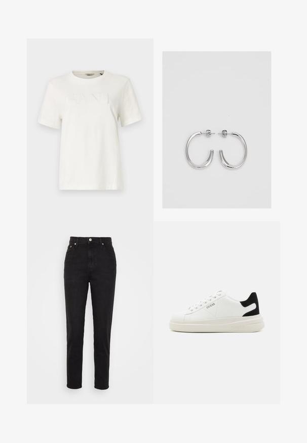 Weißes Kurzarm-T-Shirt aus Baumwolle mit einem strukturierten "GANT"-Logo in einem etwas dunkleren Weiß und einem Rundhalsausschnitt.; Schwarze hoch geschnittene Slim-Fit-Jeans mit Frontknopf, Gürtelschlaufen und Fünf-Taschen-Design auf weißem Hintergrund.; Weiße Leder-Sneaker mit einer dicken weißen Sohle, schwarzem Wildlederakzent an der Ferse und geprägtem Logo an der Seite. Schnürdesign mit sechs Ösen.; Silberne Creolen mit einer glatten, glänzenden Oberfläche. Abgerundete Form, leichtes Design, mit einer Steckverschluss.