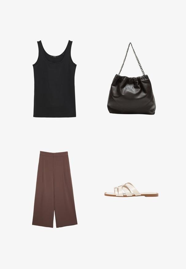 Canotta nera senza maniche realizzata in tessuto morbido, caratterizzata da un collo rotondo e un orlo dritto, priva di ulteriori motivi o decorazioni.; Pantaloni ampi marroni con una texture liscia, caratterizzati da una vita alta e pieghe frontali. Il tessuto è leggero e scorre liberamente.; Infradito con suola in gomma color talpa, progettate con tre cinturini in pelle bianca sovrapposti e un piccolo dettaglio a fiocco al centro.; Borsa in pelle marrone con parte superiore arricciata e tracolla a catena. Texture liscia con finitura lucida e dettagli di cucitura sottili sui lati.