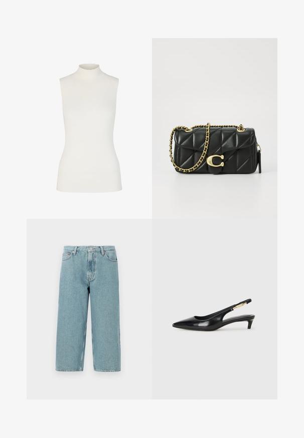 Top smanicato bianco a coste con scollatura ondulata, caratterizzato da una silhouette aderente e una texture liscia e elastica.; Shorts in denim azzurro chiaro con vita alta, taglio dritto e orlo grezzo. Presentano una chiusura classica con bottone e zip, quattro tasche.; Tacchi slingback in pelle nera con punta affusolata, caratterizzati da un tacco alto e un accento dorato sulla cinghia regolabile. Texture liscia.; Borsa a tracolla in pelle nera trapuntata con una catena dorata e un fermaglio a scatto con un accento circolare. Forma rettangolare compatta.